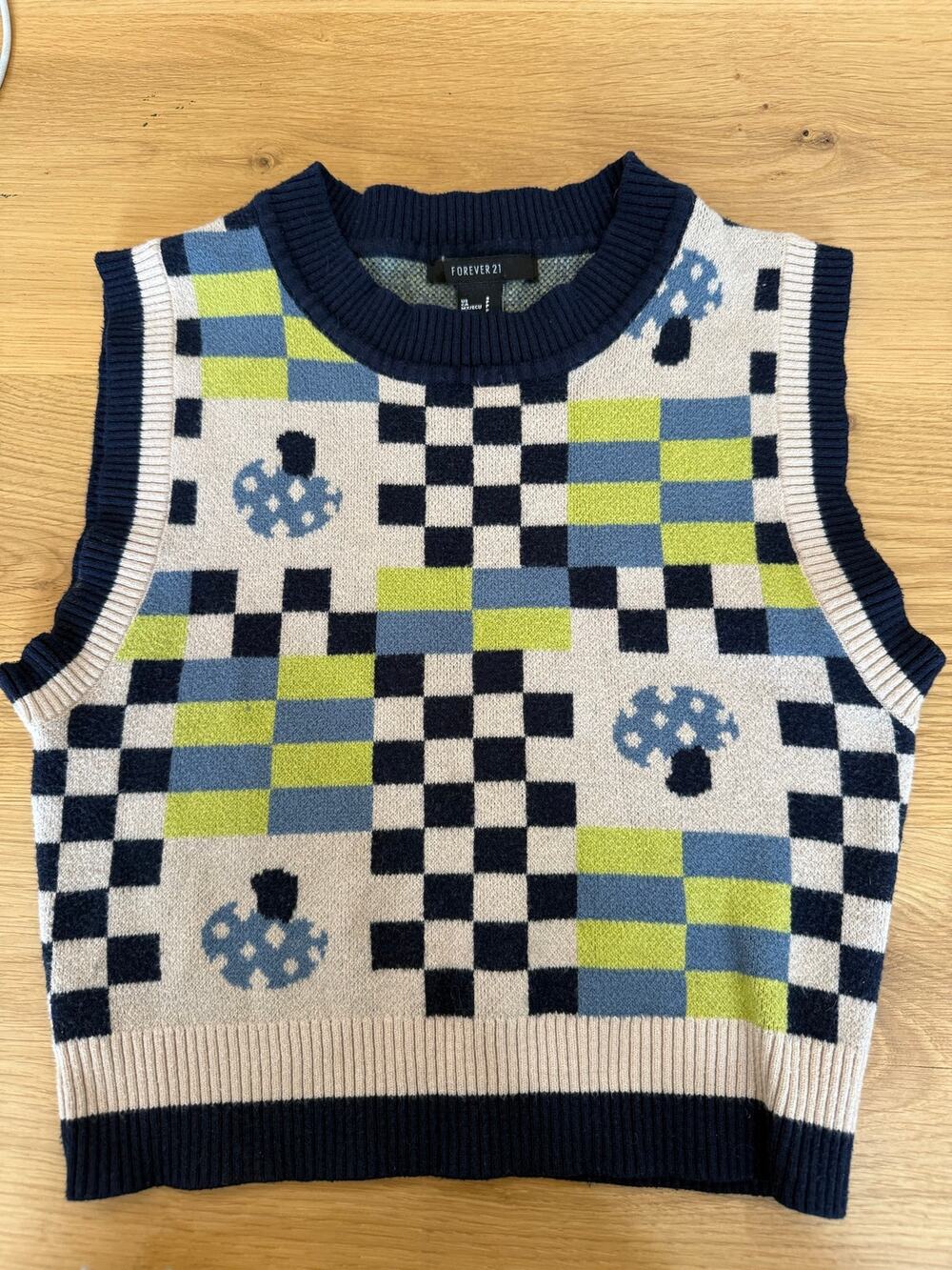 FOREVER 21 Checkerboard Mushroom Knit Sweater Vest - Size Small
